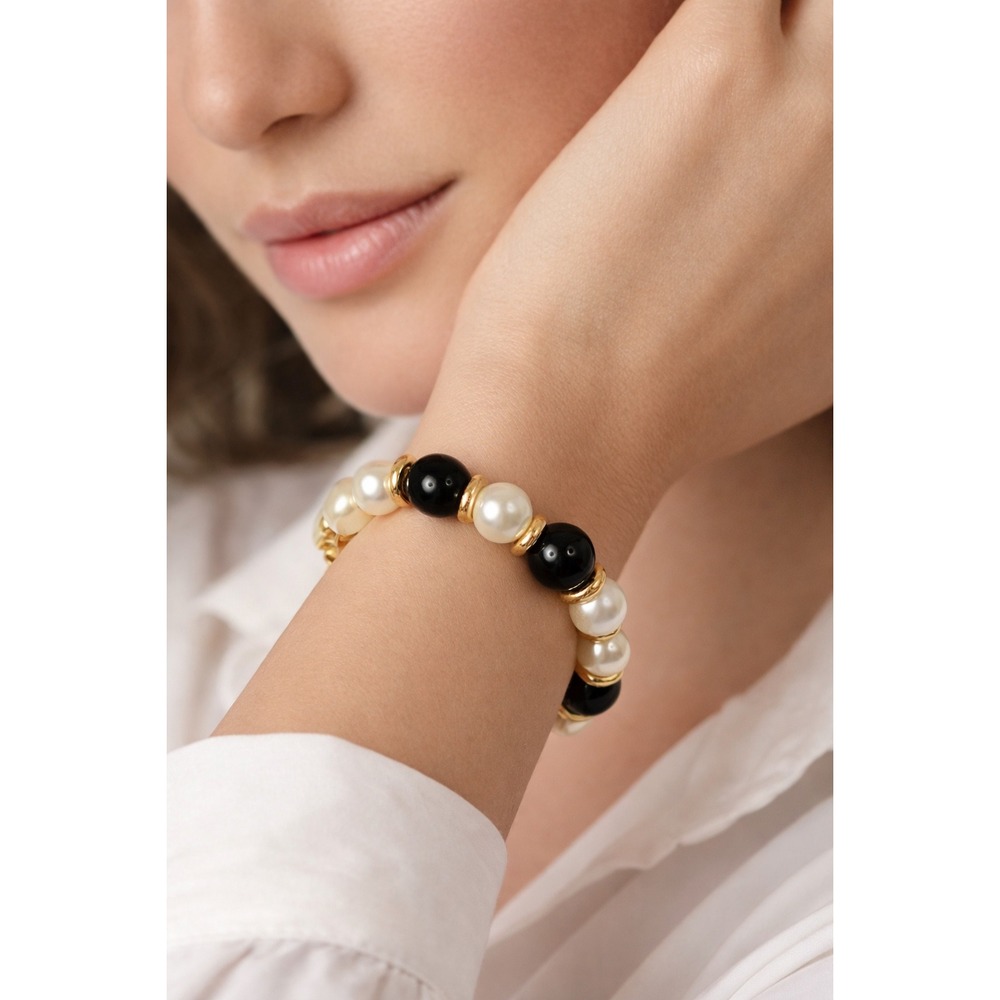 Napier Vintage Faux Pearl Black‎ Bead Bracelet Gold Tone Y2K Chunky Statement